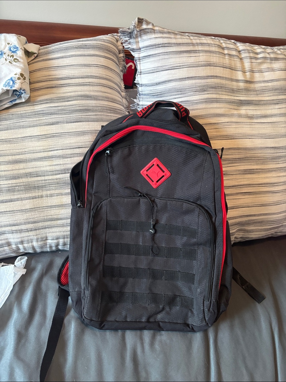 Puma Black and Red Kids Backpack with Front Organizer